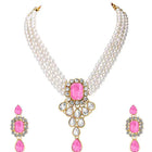 Crystal Pearl Choker Necklace Set. Pearl necklace with pink gemstones, with pair of earrings.