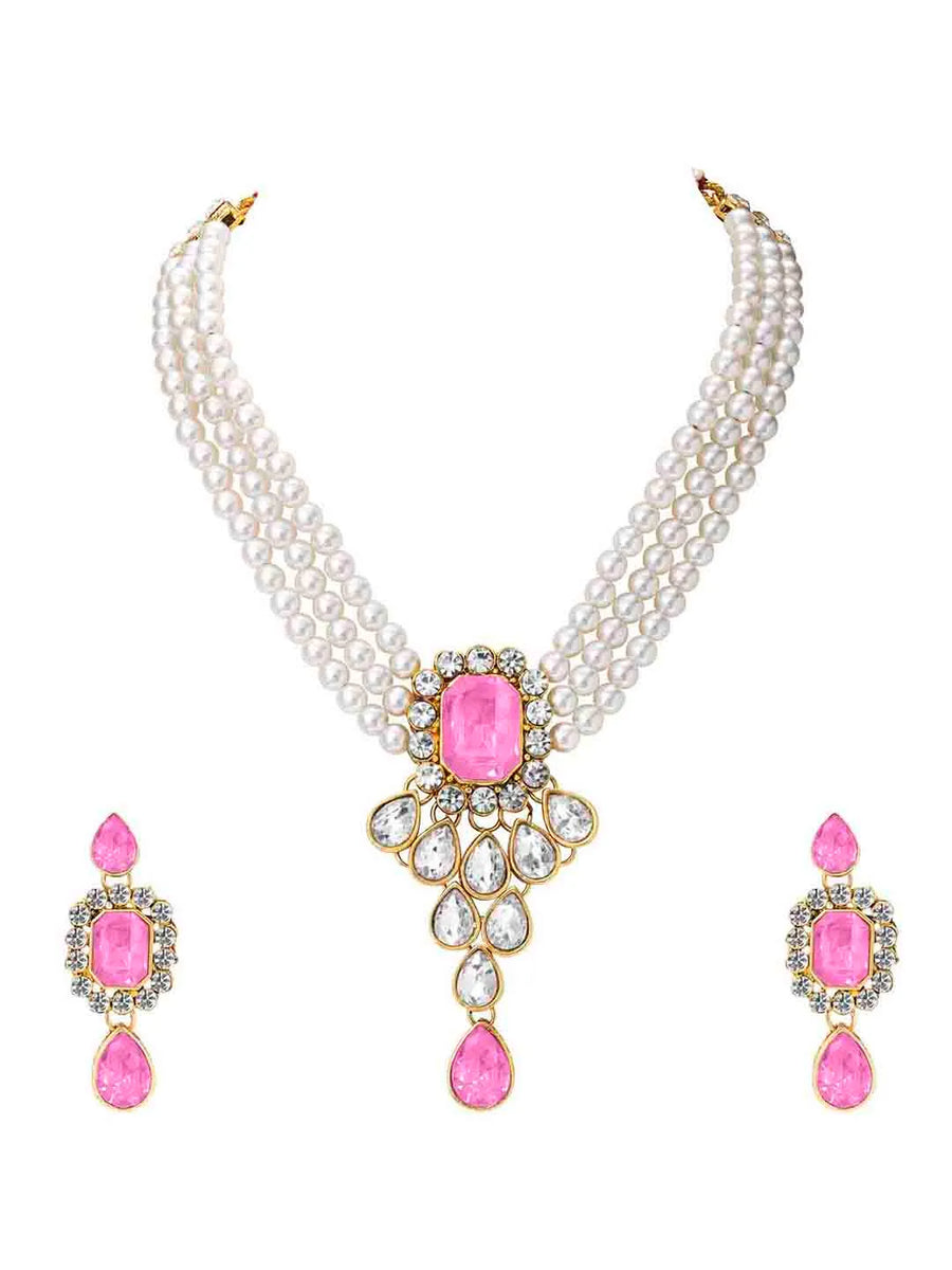 Crystal Pearl Choker Necklace Set. Pearl necklace with pink gemstones, with pair of earrings.