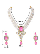 Crystal Pearl Choker Necklace Set. Pearl necklace with pink gemstones, with pair of earrings.