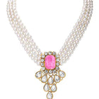 Crystal Pearl Choker Necklace Set. Pearl necklace with pink gemstones, with pair of earrings.