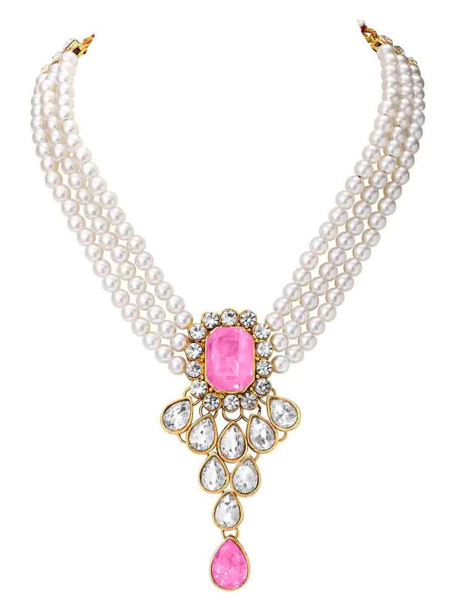 Crystal Pearl Choker Necklace Set. Pearl necklace with pink gemstones, with pair of earrings.