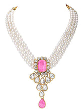 Crystal Pearl Choker Necklace Set. Pearl necklace with pink gemstones, with pair of earrings.