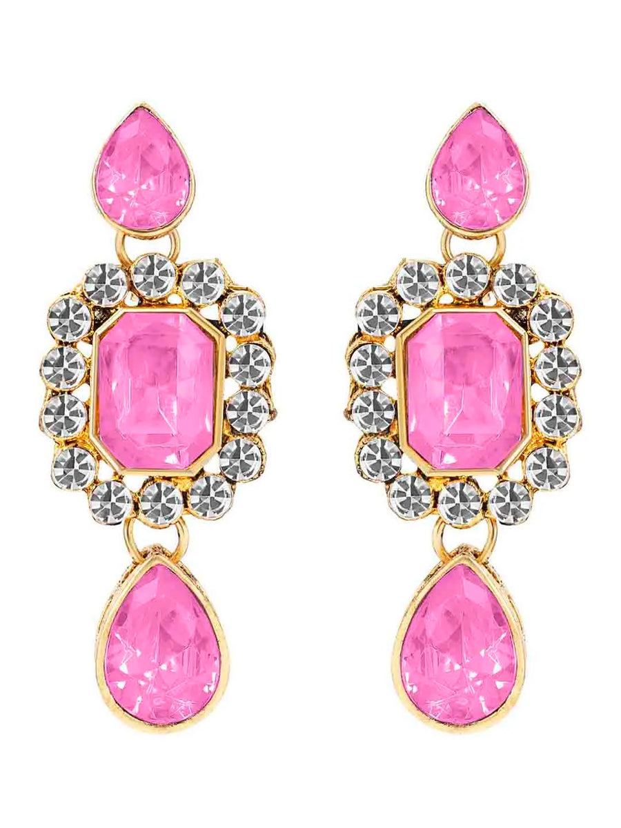 Crystal Pearl Choker Necklace Set. Pearl necklace with pink gemstones, with pair of earrings.