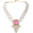 Crystal Pearl Choker Necklace Set. Pearl necklace with pink gemstones, with pair of earrings.