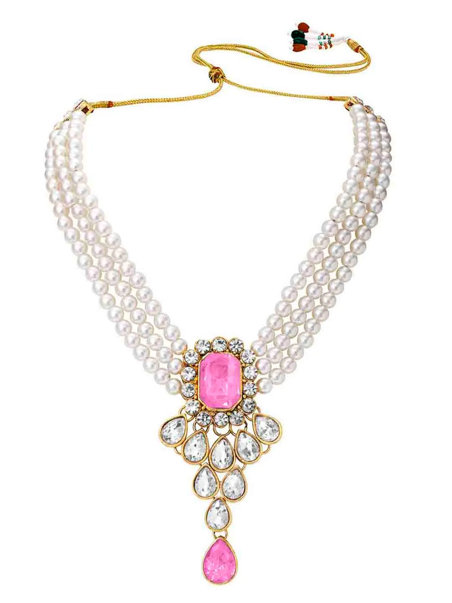 Crystal Pearl Choker Necklace Set. Pearl necklace with pink gemstones, with pair of earrings.