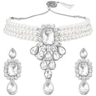 Bliss Crystal Pearl Choker Necklace Set - Rhodium White
