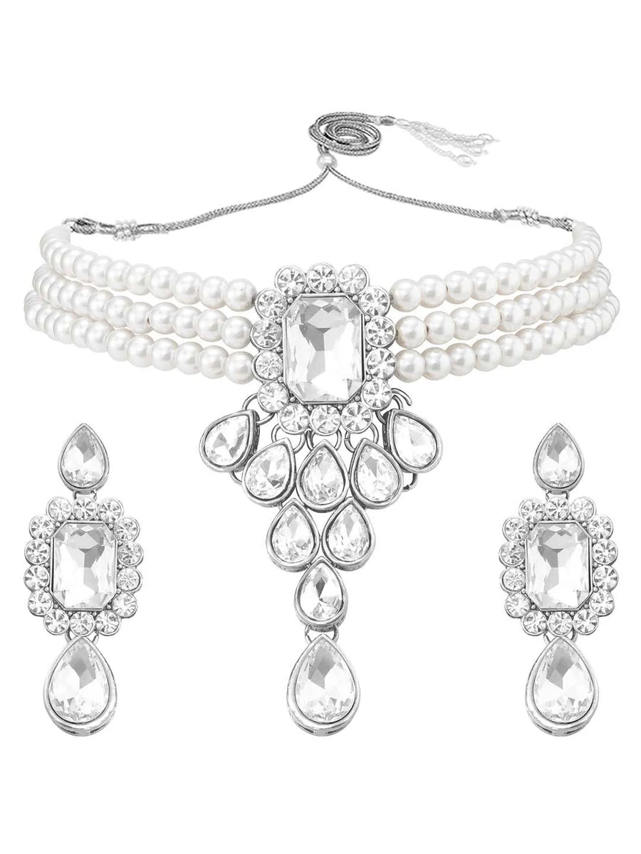 Bliss Crystal Pearl Choker Necklace Set - Rhodium White