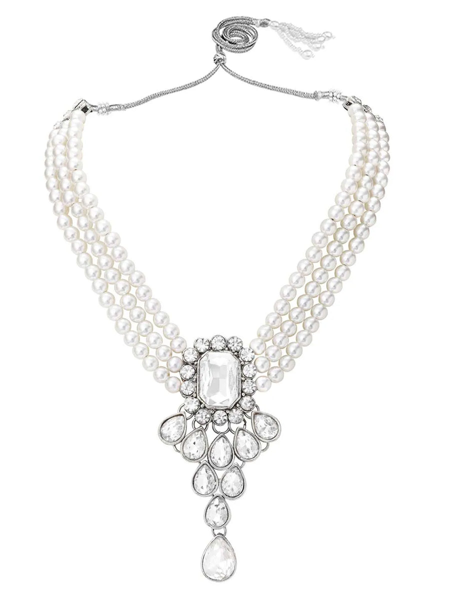 Bliss Crystal Pearl Choker Necklace Set - Rhodium White