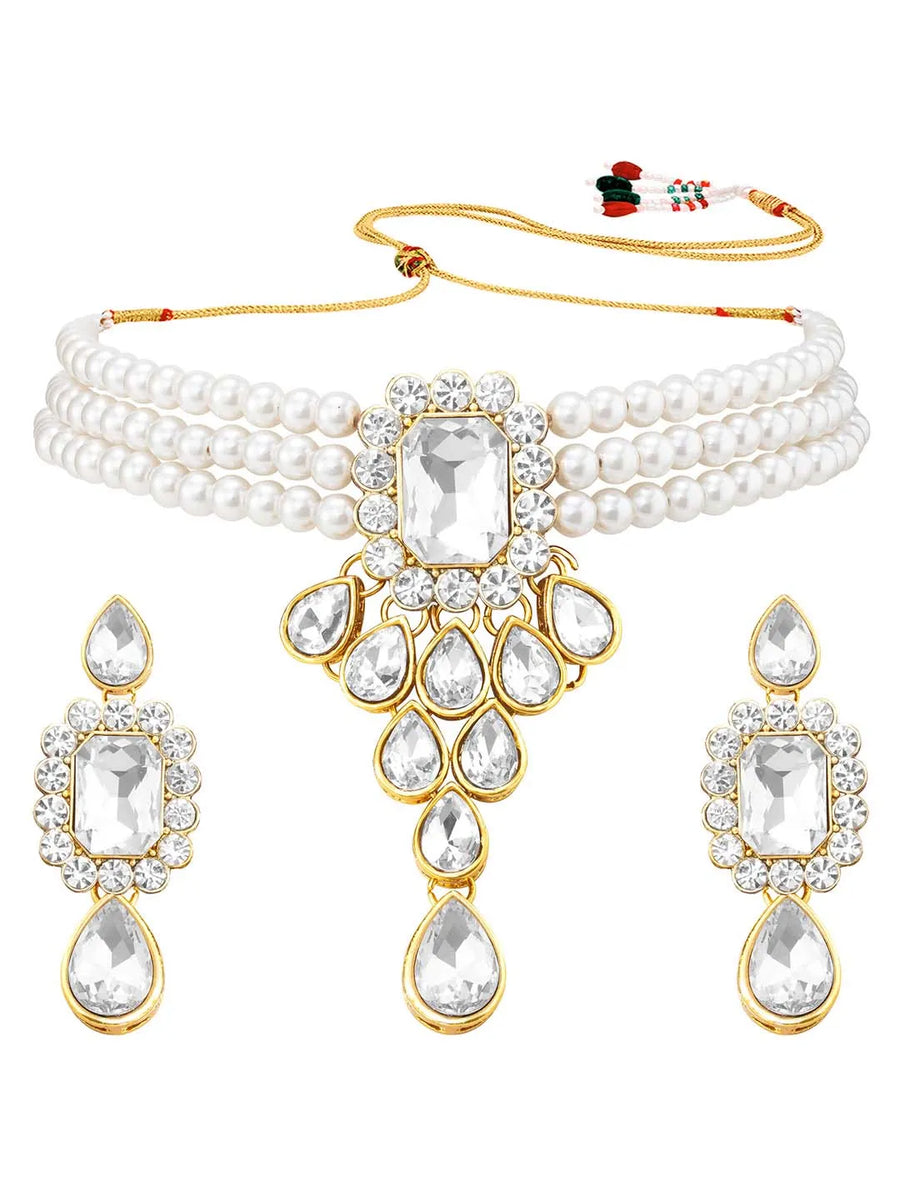 Bliss Crystal Pearl Choker Necklace Set - White