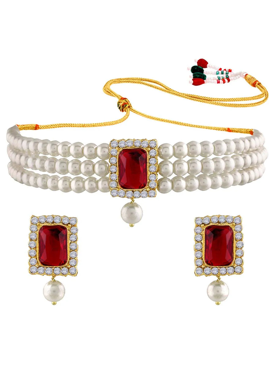 Chic & Timeless Pearl Choker Set - Maroon