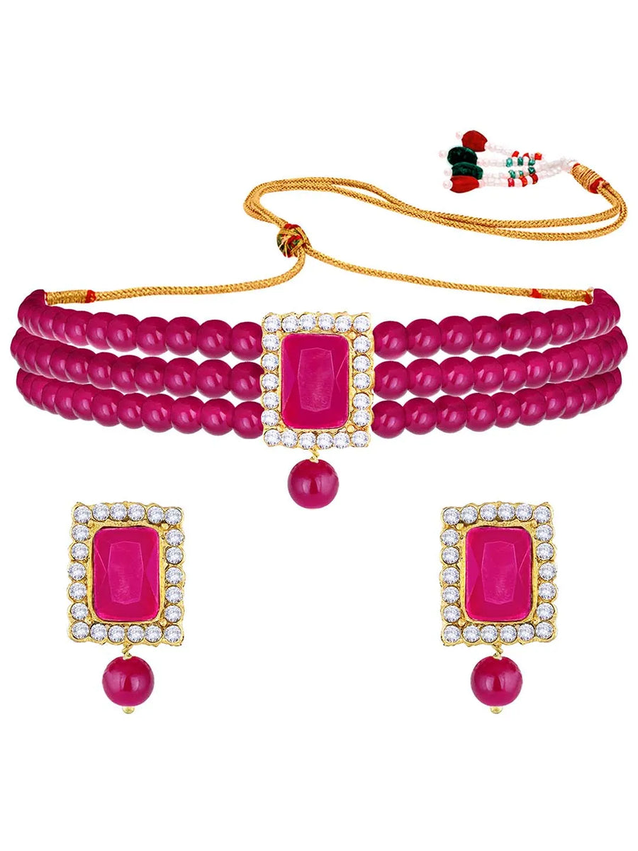 Chic & Timeless Pearl Choker Set - Rani Pink