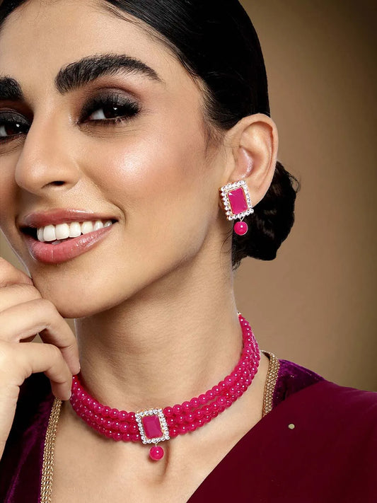 Chic & Timeless Pearl Choker Set - Rani Pink
