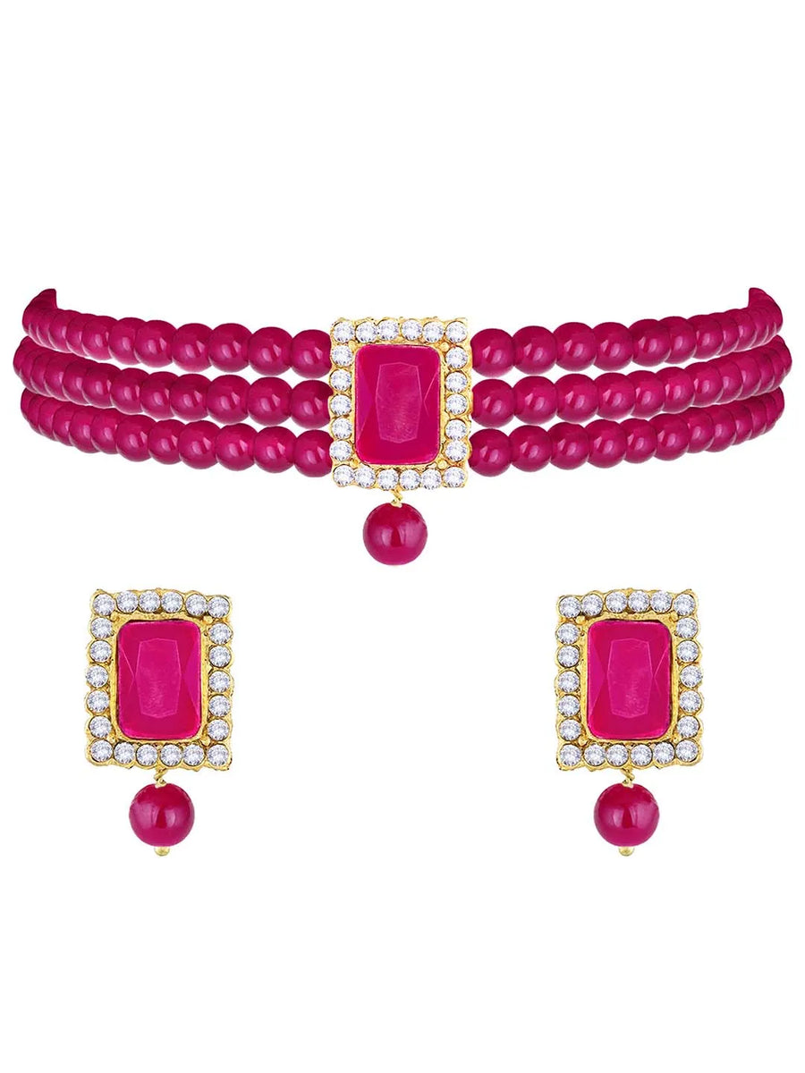 Chic & Timeless Pearl Choker Set - Rani Pink