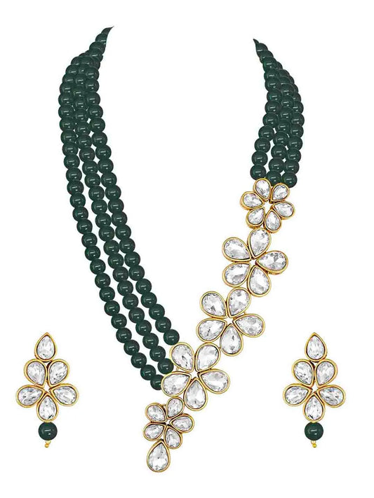 Floral Glow Ethnic Necklace Set. Black beaded necklace with gold and white Kundan floral motifs.
