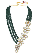 Floral Glow Ethnic Necklace Set. Black beaded necklace with gold and white Kundan floral motifs.