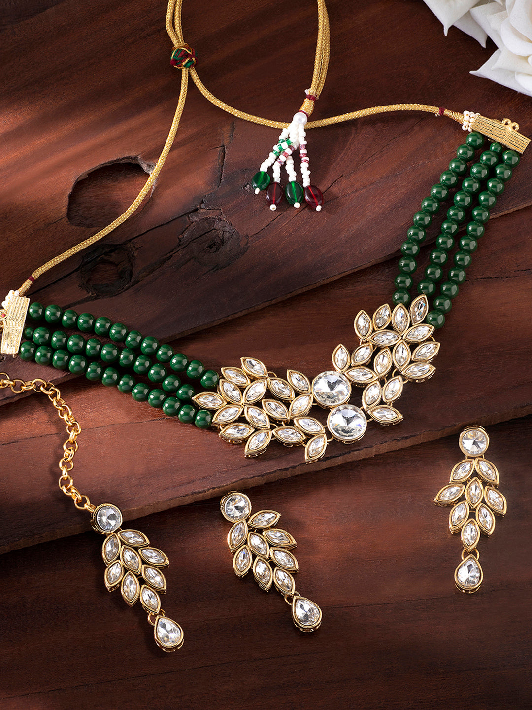 Gorgeous Greens Crystal Pearl Choker Maangtikka Set