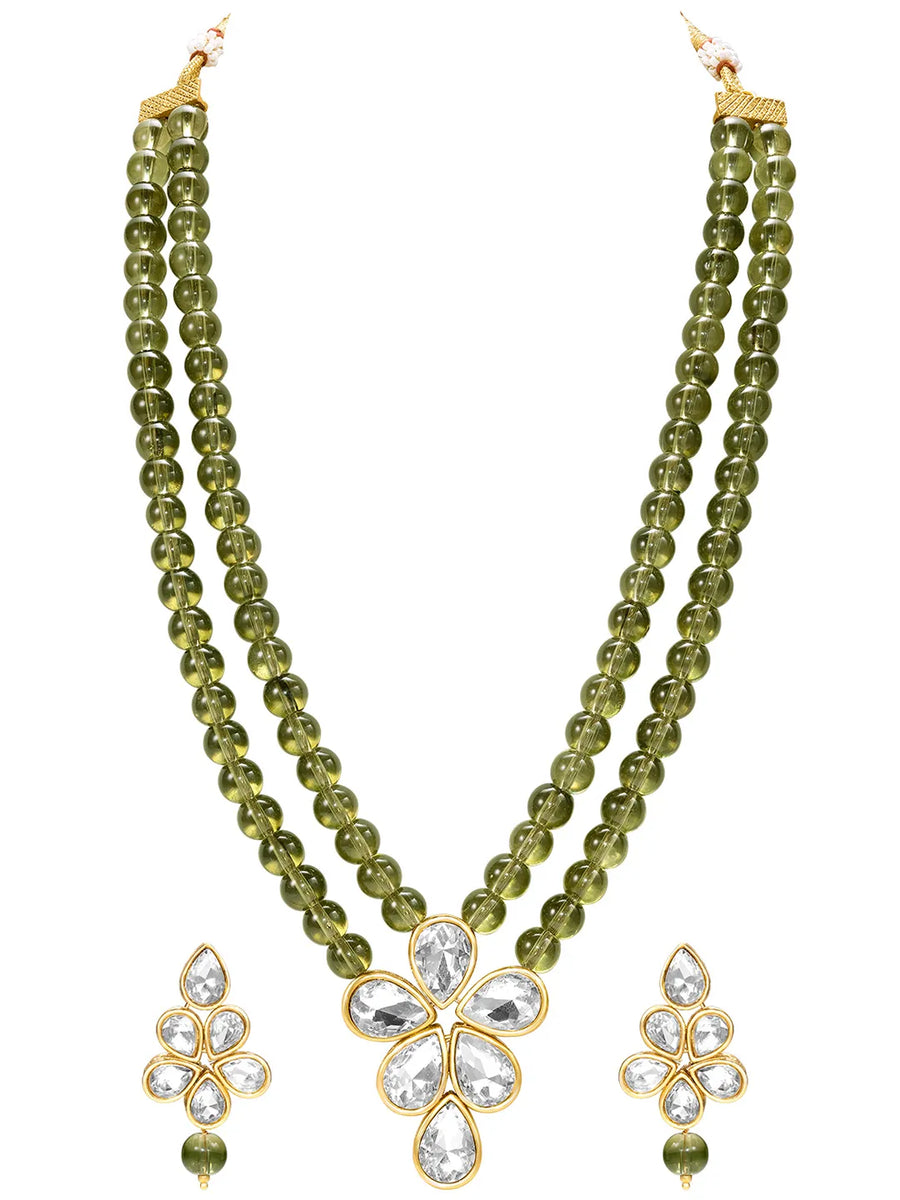 Peora Festive Green Kundan Floral Necklace Set