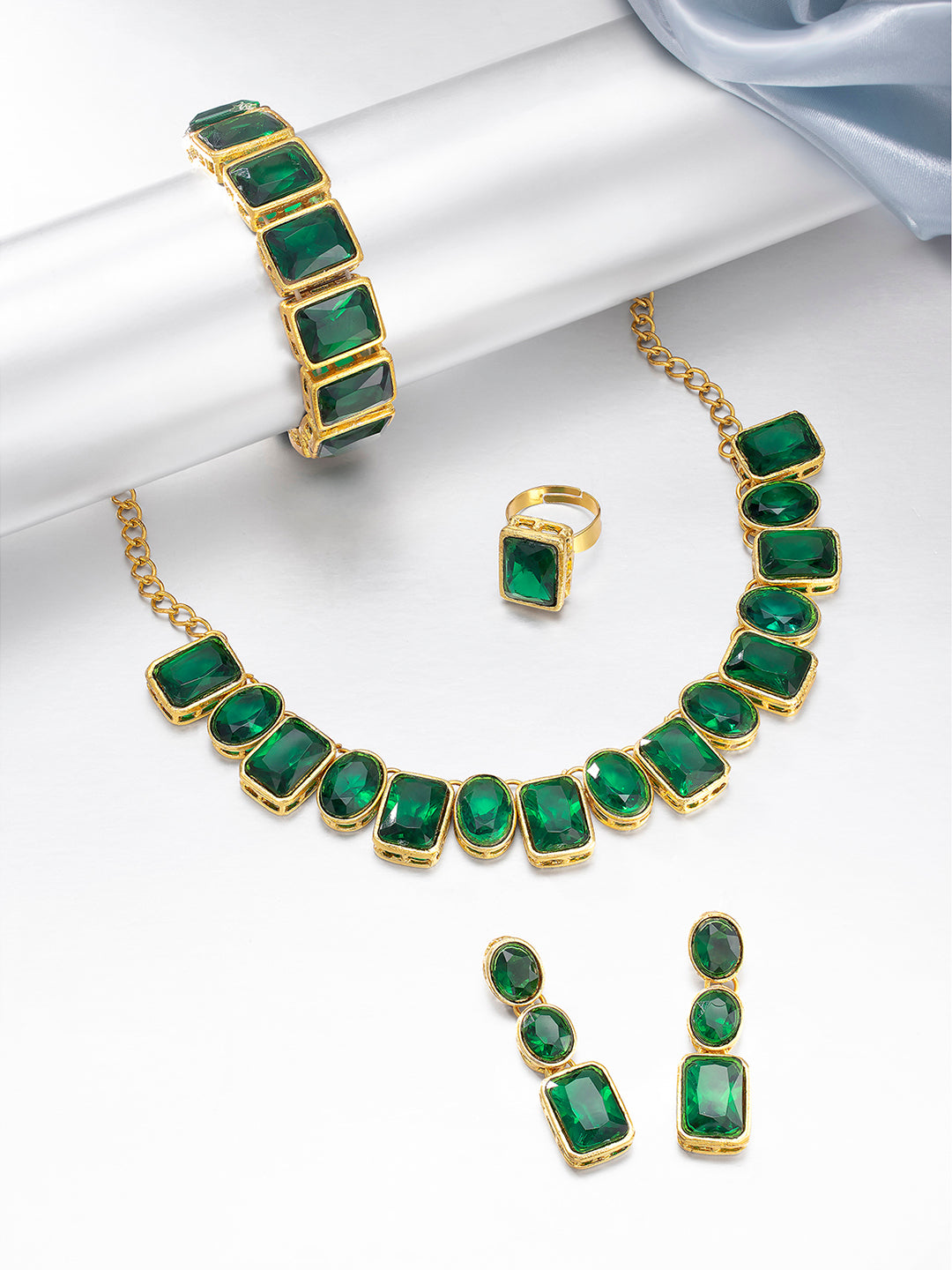 Square Bliss Green Crystal Necklace Set with Bracelet & Finger Ring