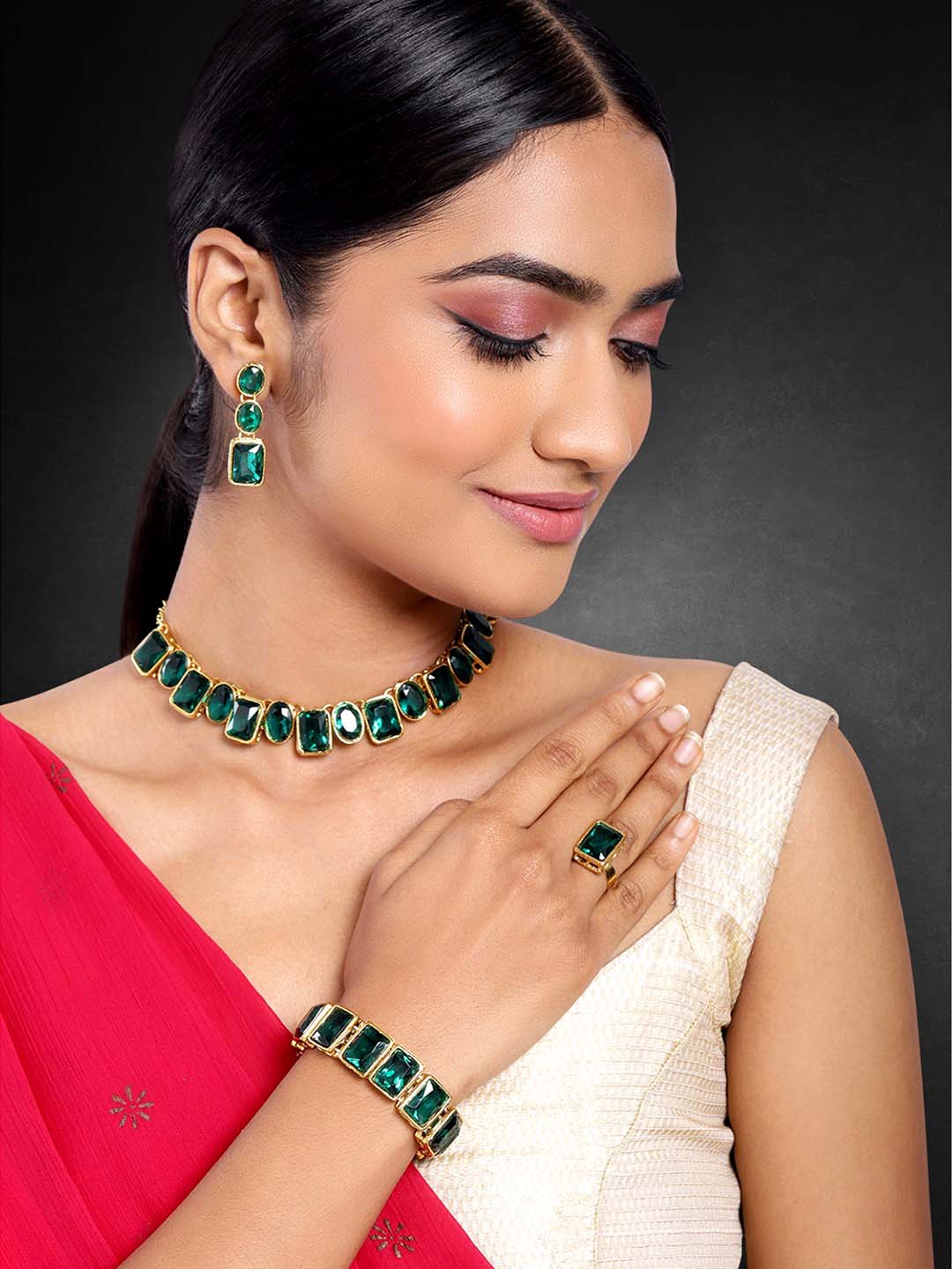 Square Bliss Green Crystal Necklace Set with Bracelet & Finger Ring