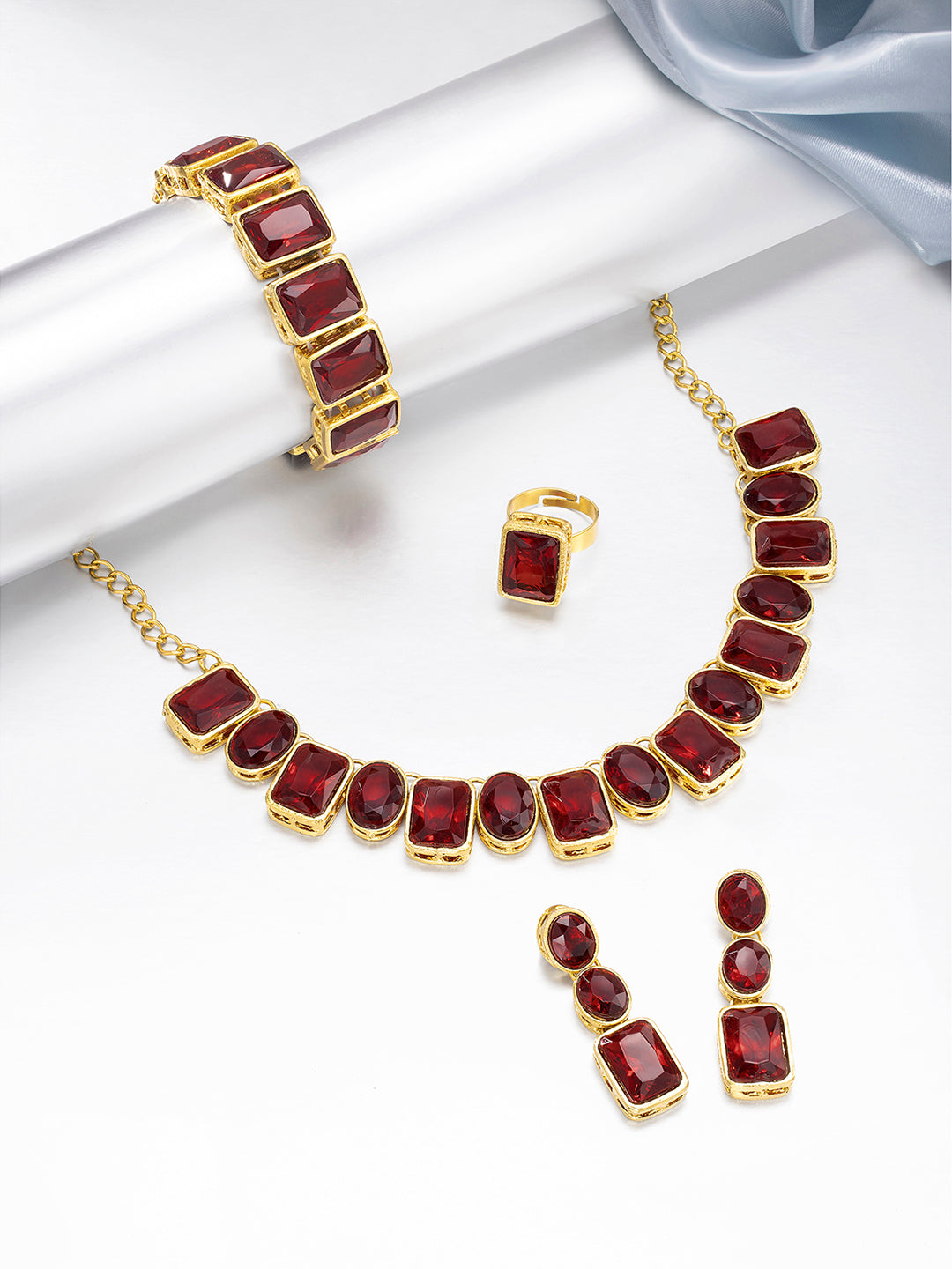 Square Bliss Maroon Crystal Necklace Set with Bracelet & Finger Ring