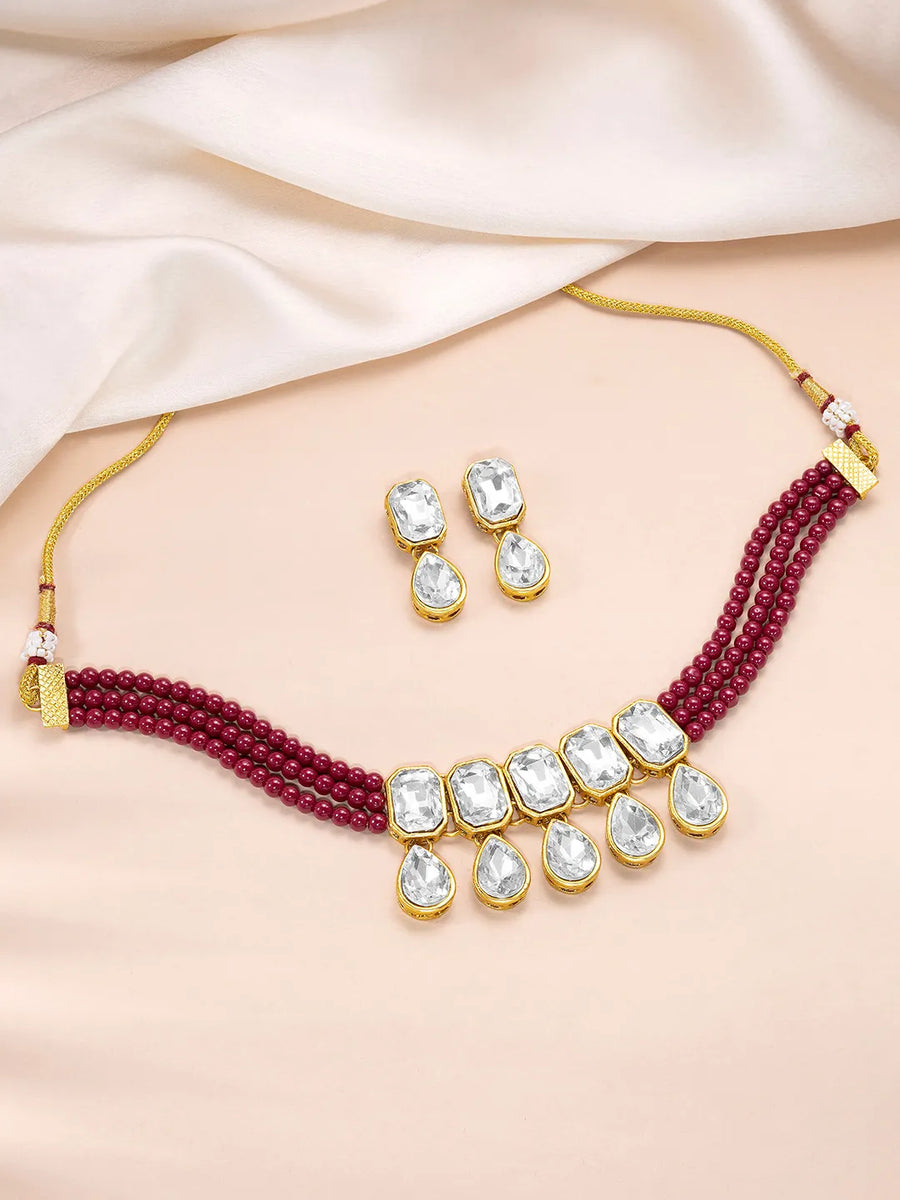 Timeless Glam Crystal Pearl Choker Set - Maroon