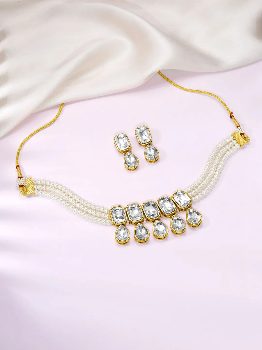 Timeless Glam Crystal Pearl Choker Set - White