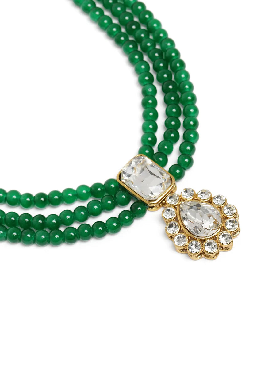 Evergreen Shine Green Necklace Set. Gold-plated green beaded necklace set with white stones and matching earrings.