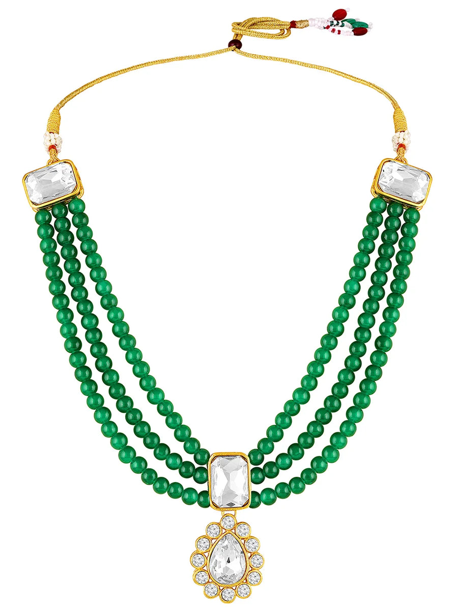 Evergreen Shine Green Necklace Set. Gold-plated green beaded necklace set with white stones and matching earrings.