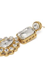 Graceful Layers with Kundan Set. Gold-plated red beaded necklace set with large white stones and matching drop earrings.