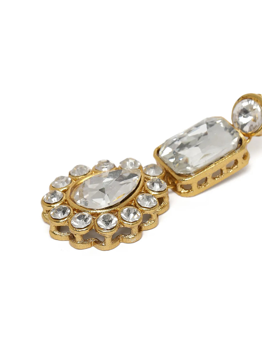 Graceful Layers with Kundan Set. Gold-plated red beaded necklace set with large white stones and matching drop earrings.