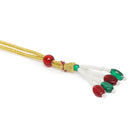 Graceful Layers with Kundan Set. Gold-plated red beaded necklace set with large white stones and matching drop earrings.