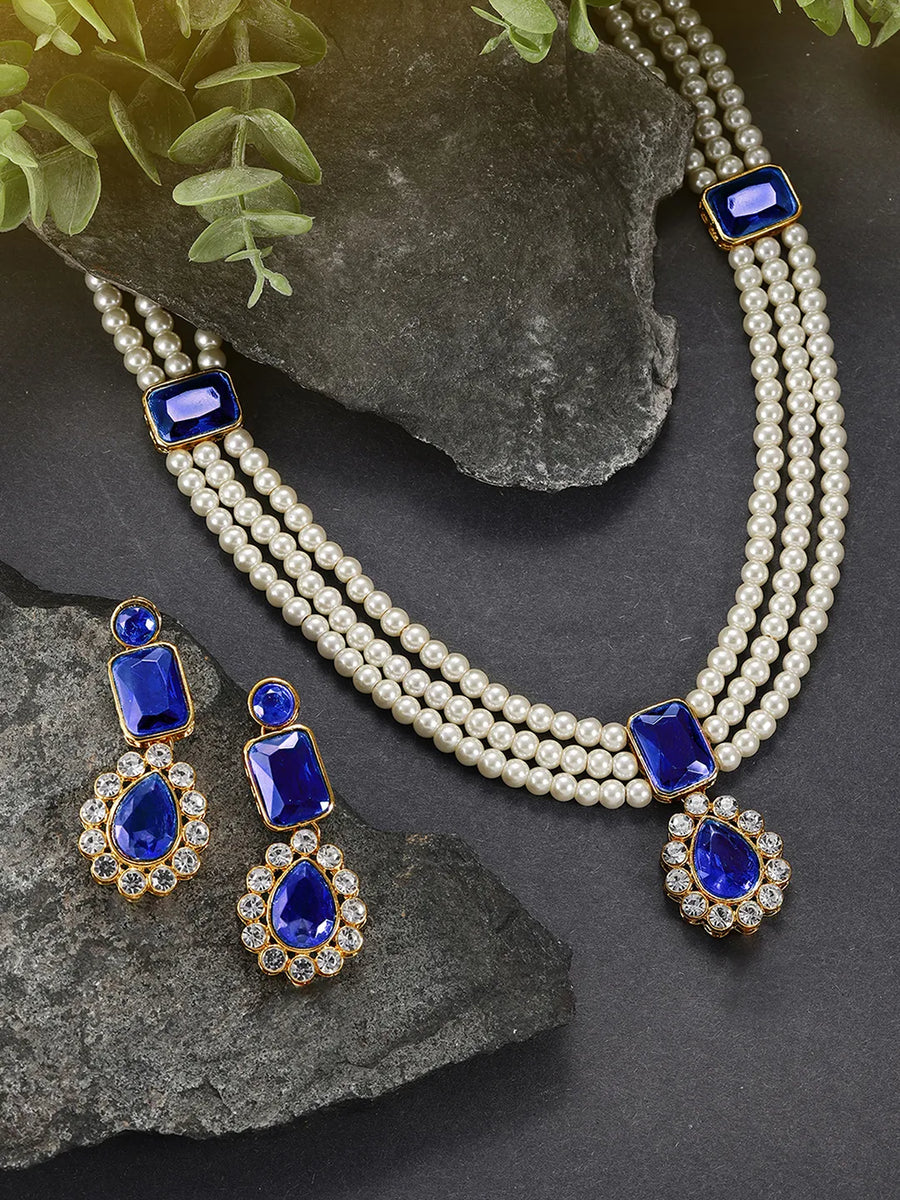 Gold Plated Blue Pearl Statement Necklace Set