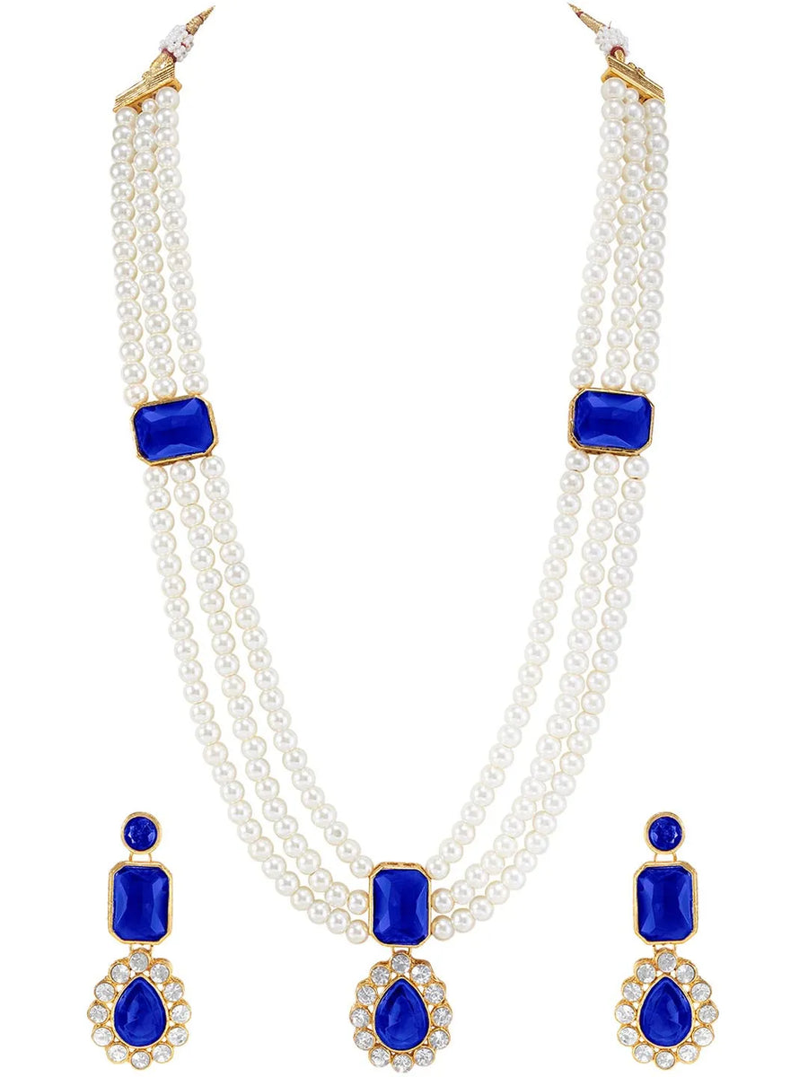 Gold Plated Blue Pearl Statement Necklace Set