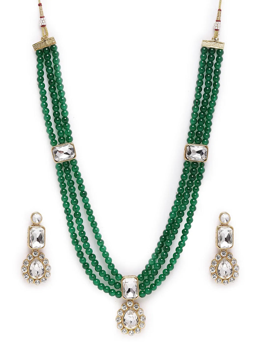 Gracefully Layered Kundan Necklace Set - Green