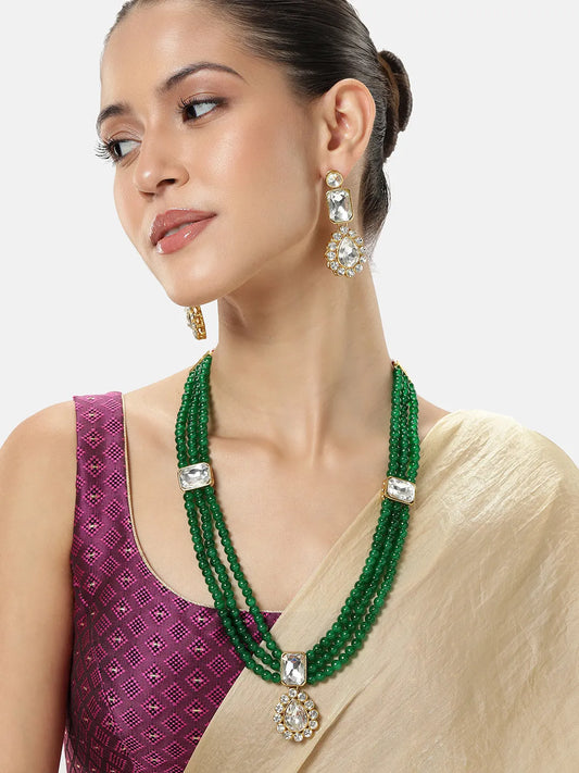 Gracefully Layered Kundan Necklace Set - Green