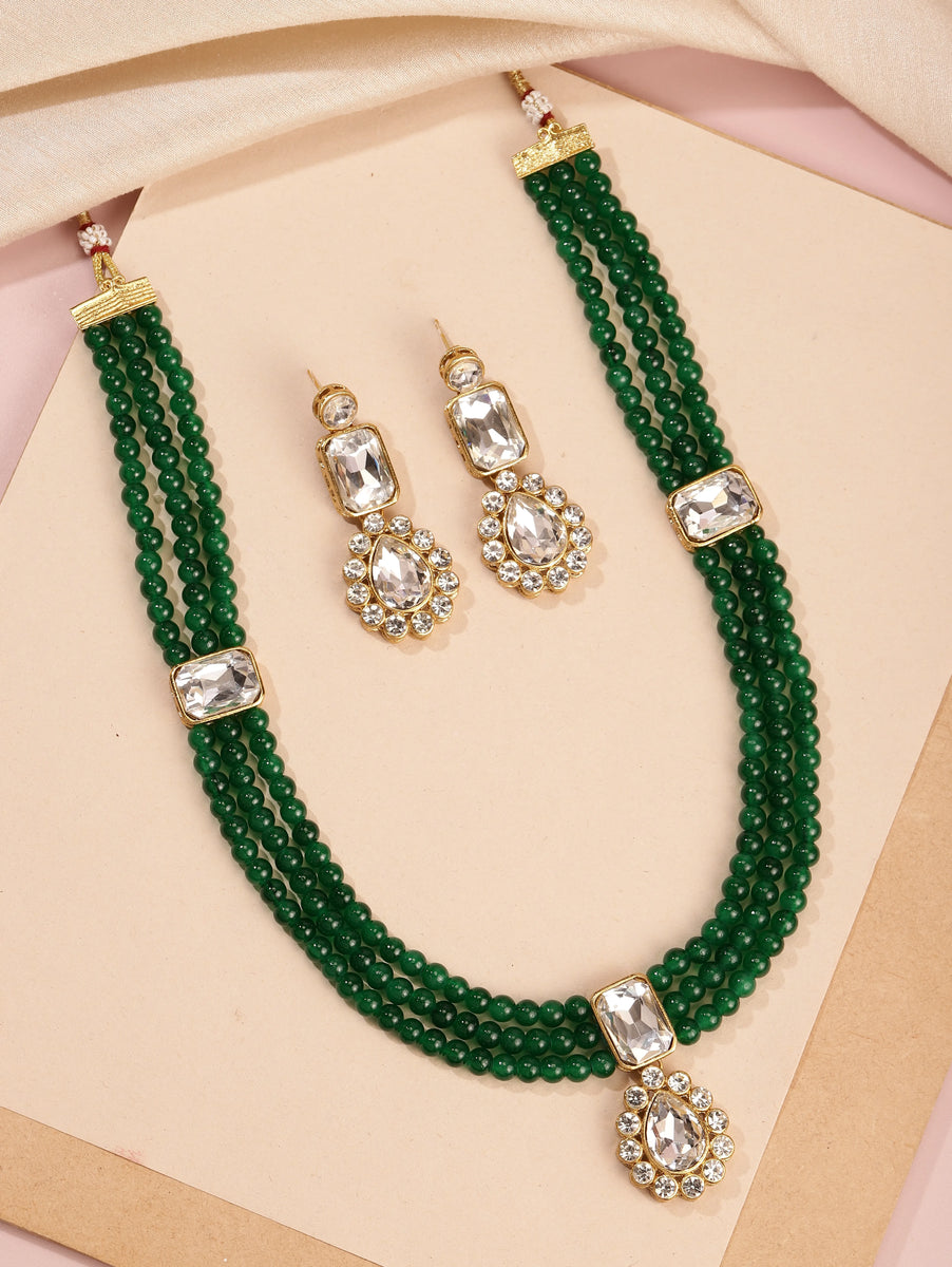 Gracefully Layered Kundan Necklace Set - Green