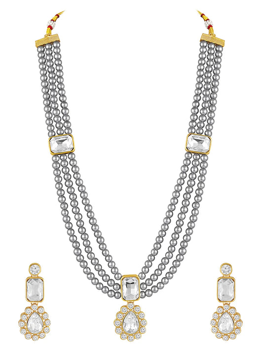 Gracefully Layered Kundan Necklace Set - Grey