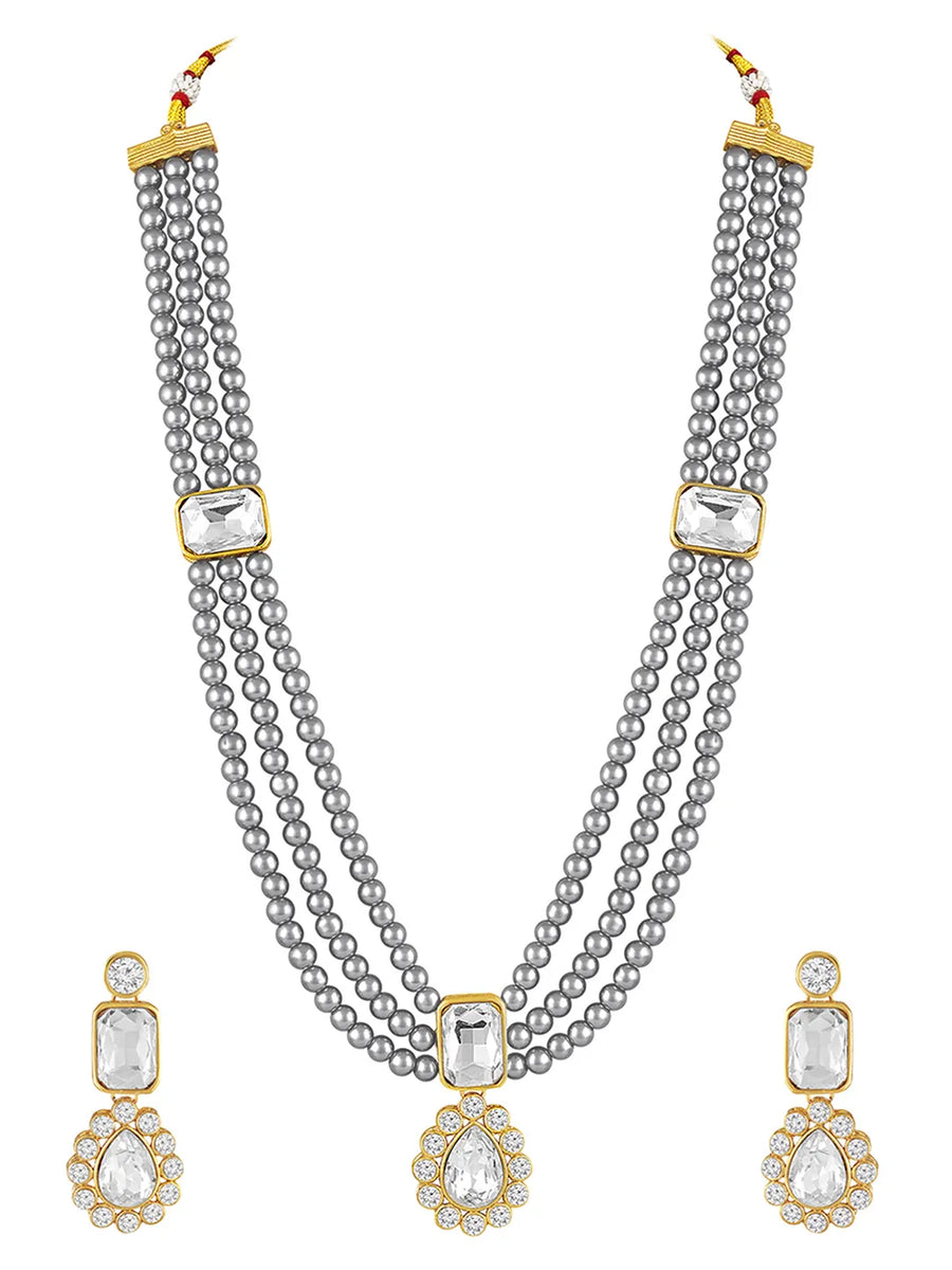 Gracefully Layered Kundan Necklace Set - Grey