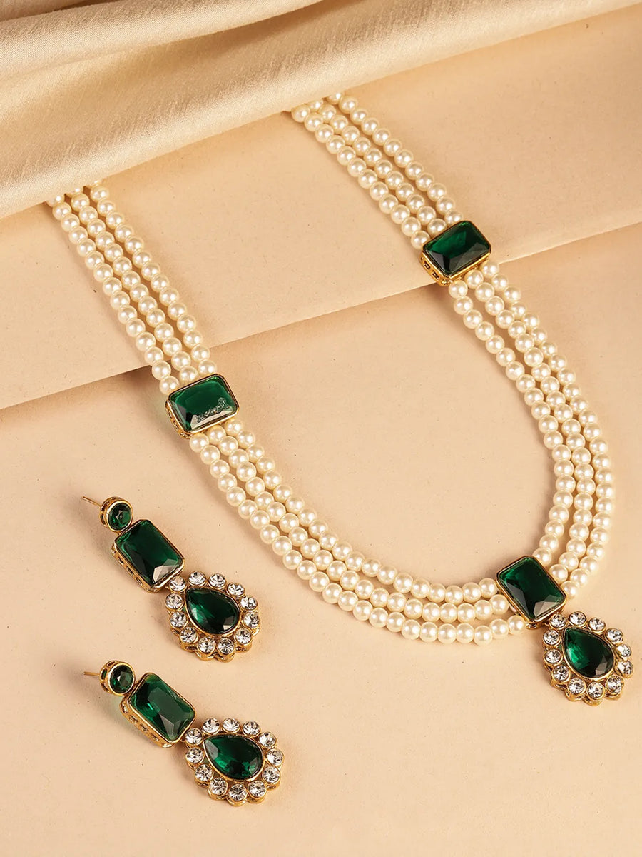 Radiant Pearl Long Necklace Set - Green