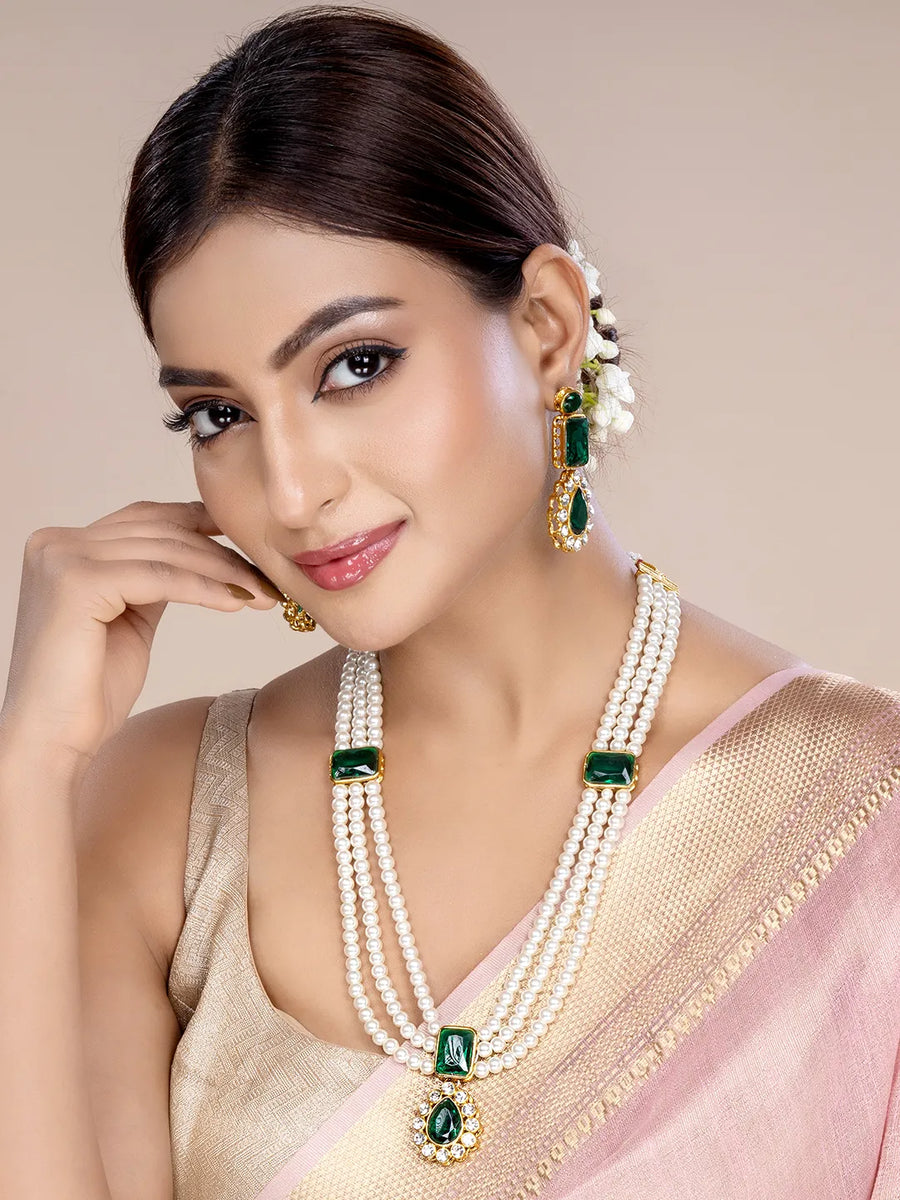 Radiant Pearl Long Necklace Set - Green