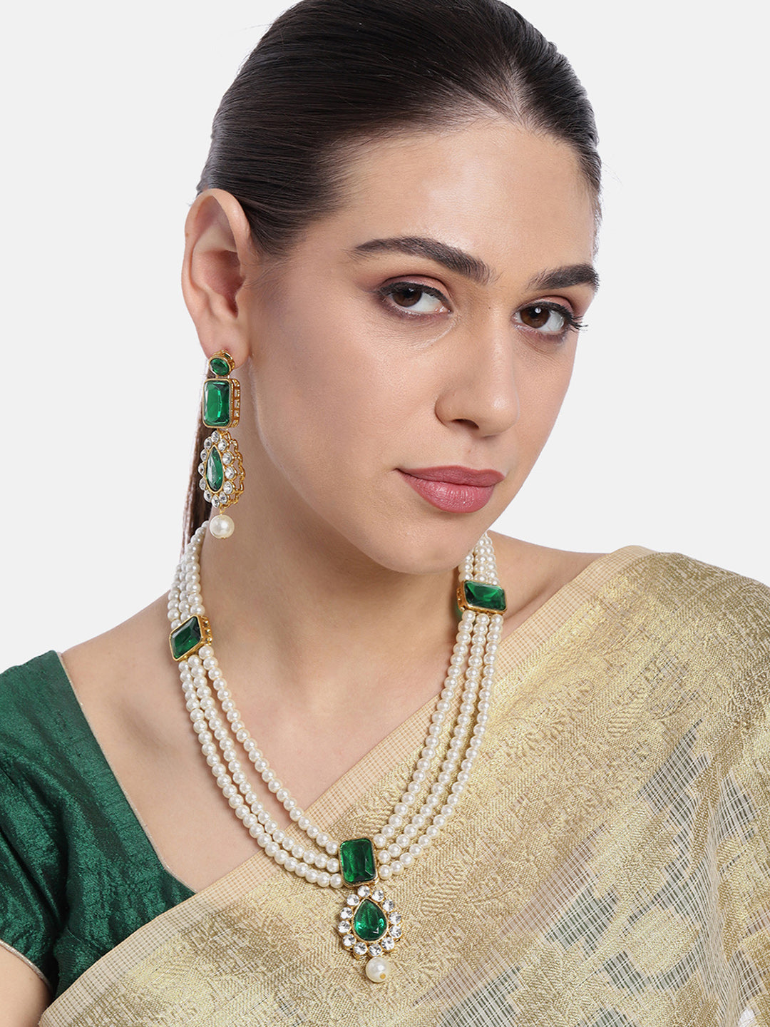 Radiant Pearl Long Green Necklace Set