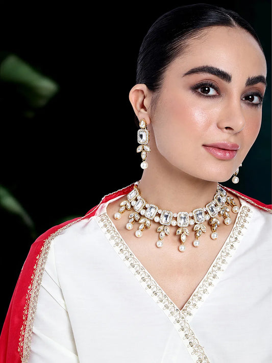 Gold Plated White Stone Choker Necklace Set