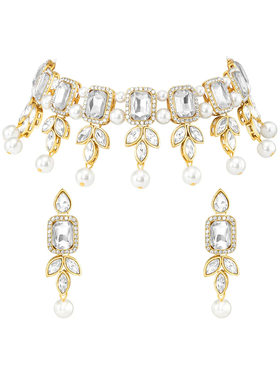 Gold Plated White Stone Choker Necklace Set