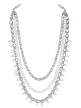 Bridal Splendour Kundan Pearls Set. Silver-plated layered bridal necklace set with pearls, kundan and matching earrings, complemented by a maang tikka.