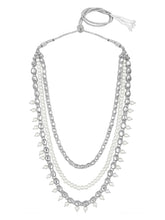 Bridal Splendour Kundan Pearls Set. Silver-plated layered bridal necklace set with pearls, kundan and matching earrings, complemented by a maang tikka.