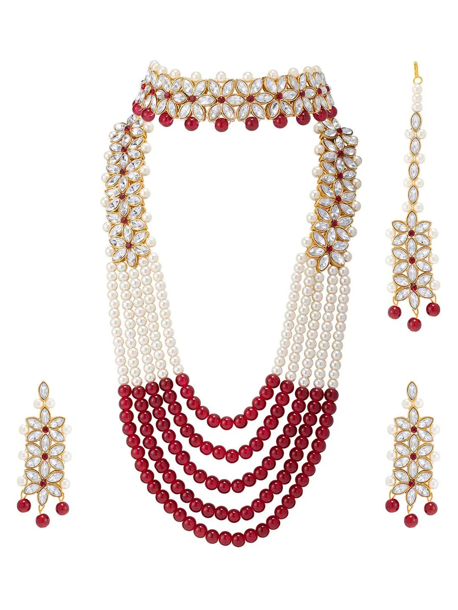 Bridal Bloom Kundan & Pearl Set - Maroon-1