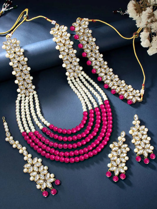Bridal Bloom Kundan & Pearl Set - Rani Pink