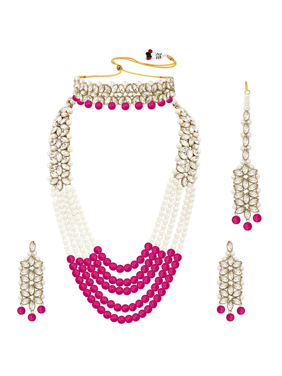 Bridal Bloom Kundan & Pearl Set - Rani Pink