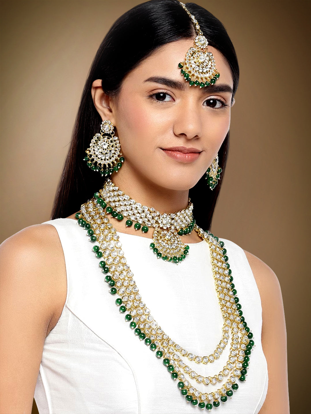 Lush Charms Green Kundan and Faux Beads Bridal Set