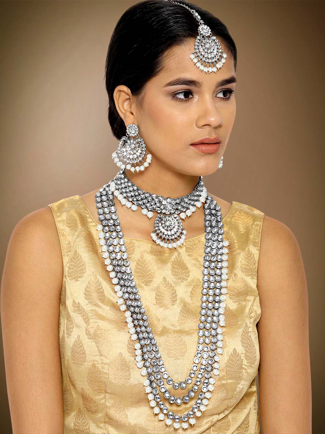 Charming Rhodium White Kundan and Faux Beads Bridal Set